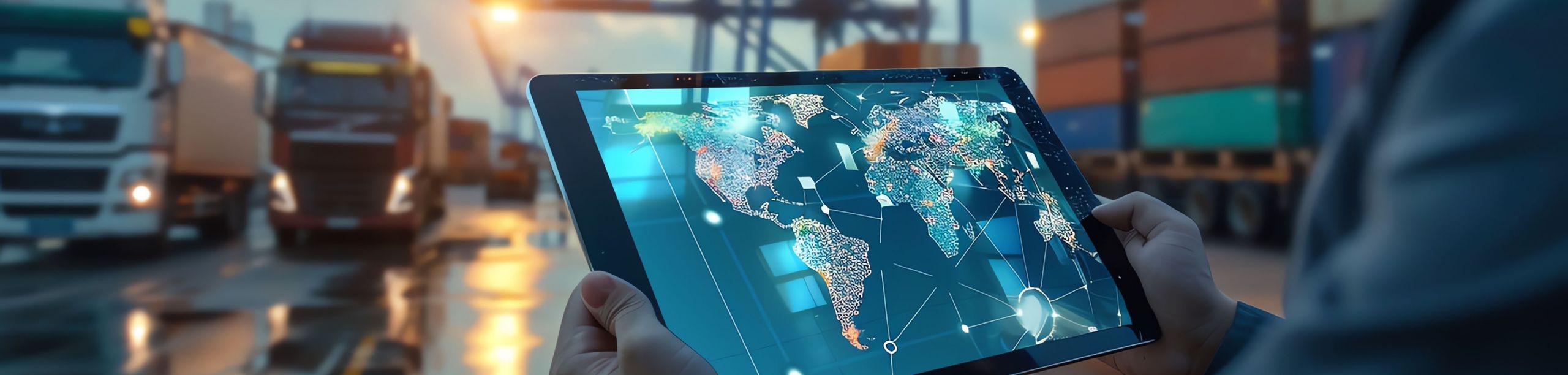Mann hält Tablet vor Logistikszenerie