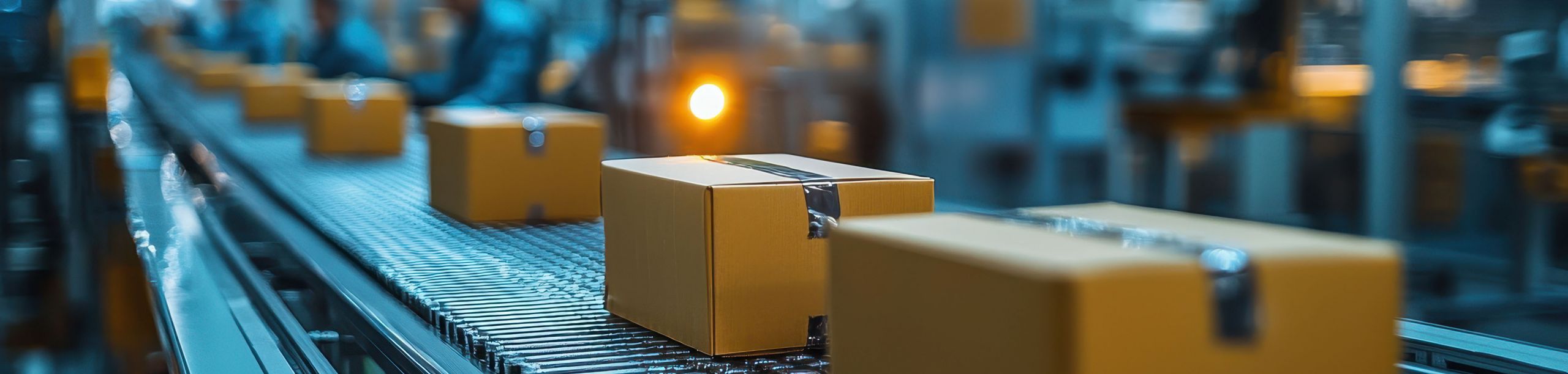 Pakete auf Warenband in Logistikhalle